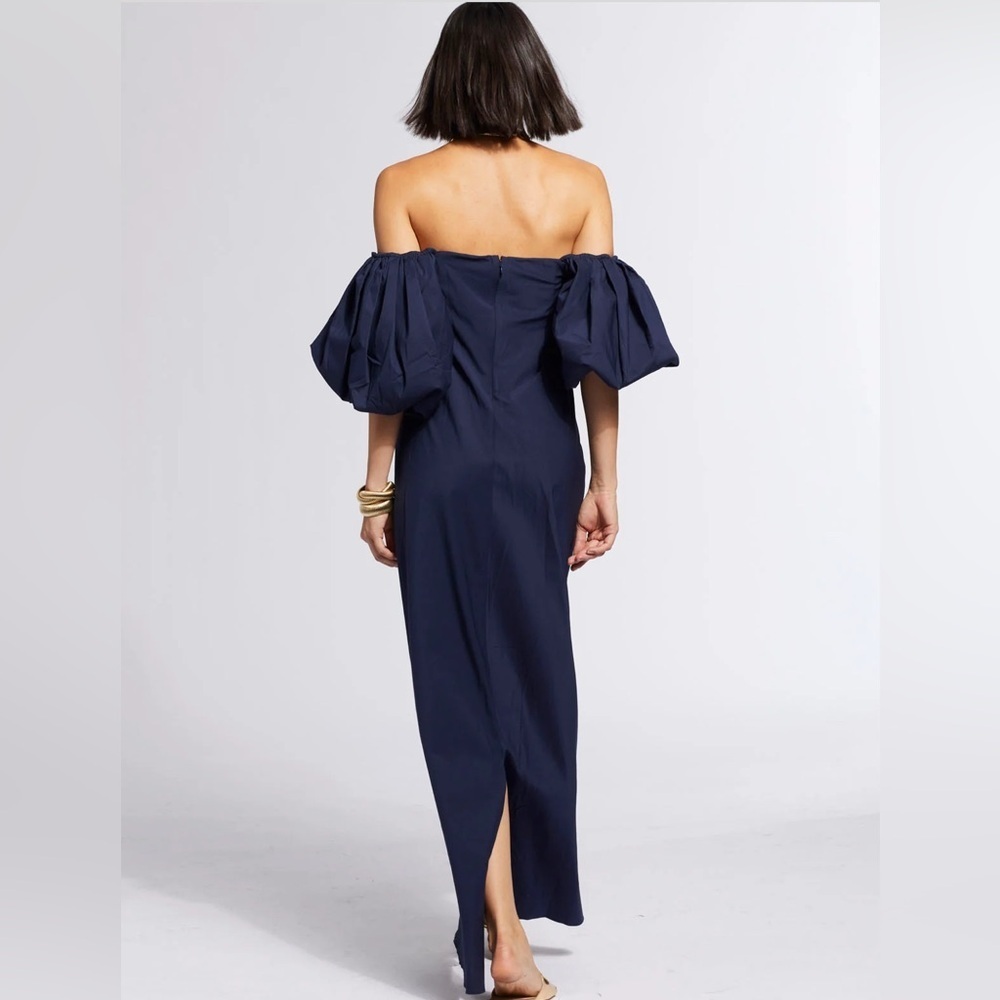 CAROLINE CONSTAS Iconic Palmer Reyna Dress Strapless in Navy Puffy sleeves - Picture 2 of 9